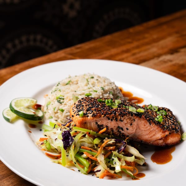 Sesame crusted salmon with rice and slaw